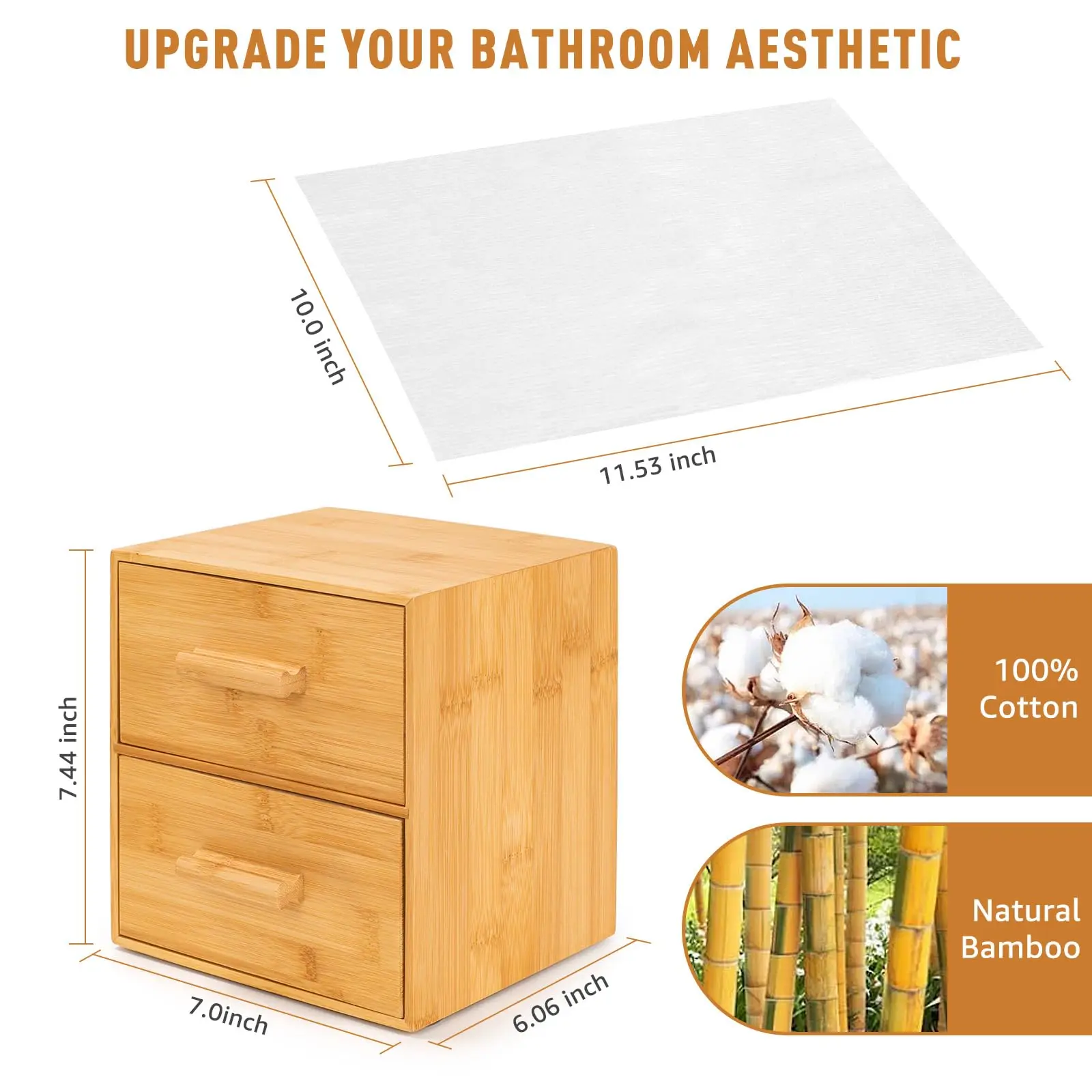 Bamboo Box with Makeup Remover Wipes,Wash Cloths for Your Face and Body, Double-drawer Bamboo Container for Face Towelettes