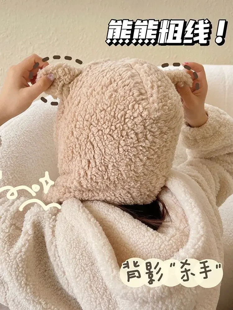 Winter 2 in 1 Scarf Hat Sets With Mask Women Plush Wool Cute Designer Anime Bear Ear Thermal Neck Warm Hat Set