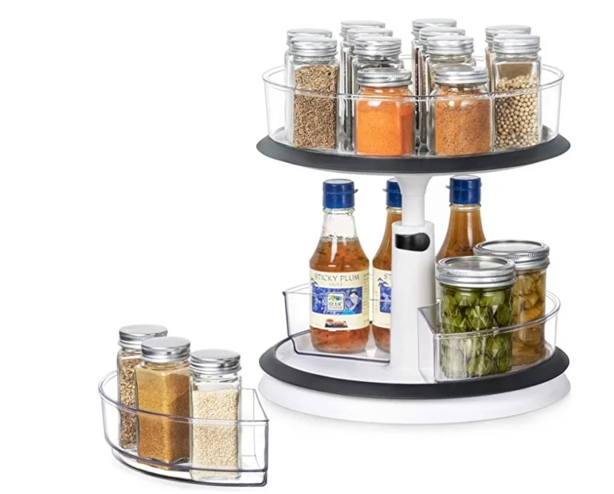2-уровневый Lazy Susan поворотный стол с регулируемой высотой, органайзер для шкафа с разделенными ящиками, прозрачная стойка для специй, кладовая кухонная столешница