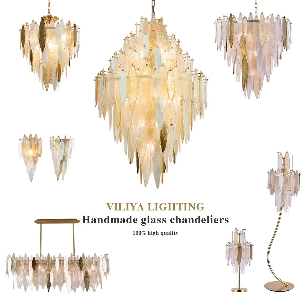 Modern luxury glass chandelier lighting elegant handmade leaf shaped glass Villa bedroom living room luxury designer glass lamp