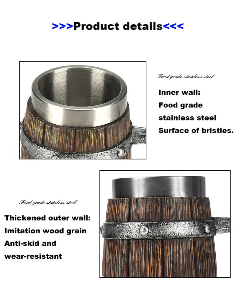 New Vintage Style 20 oz Germany Wood Barrel Double Wall Coffee Beer Cups Wooden Stainless Steel Handmade Resin Coffee Mug