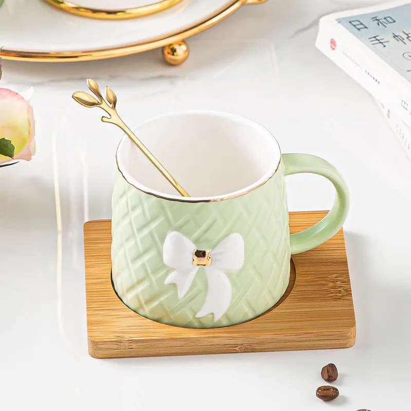 Creative European style ceramic round handle mug saucer with spoon saucer color glaze business gift  tea coffee cup