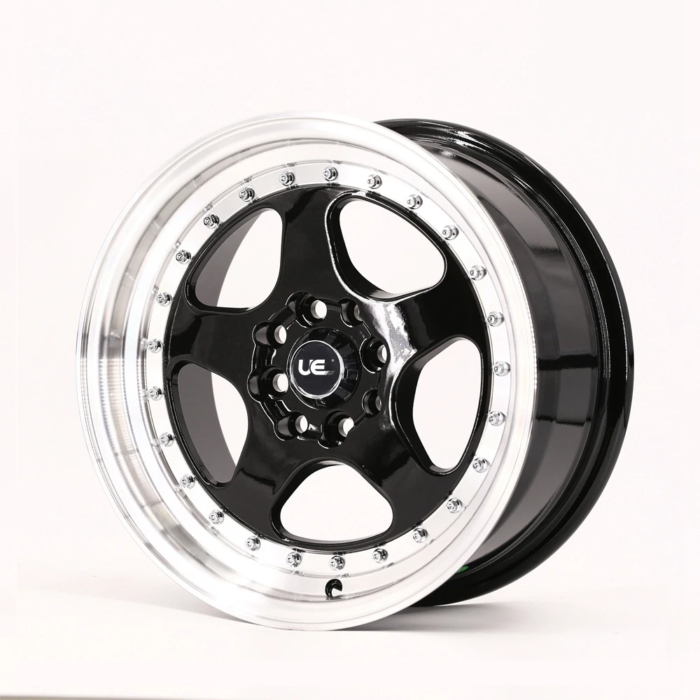 536 Milled Lip 15 Inch Gloss Black Alloy Wheels Rims With Chrome Rivets