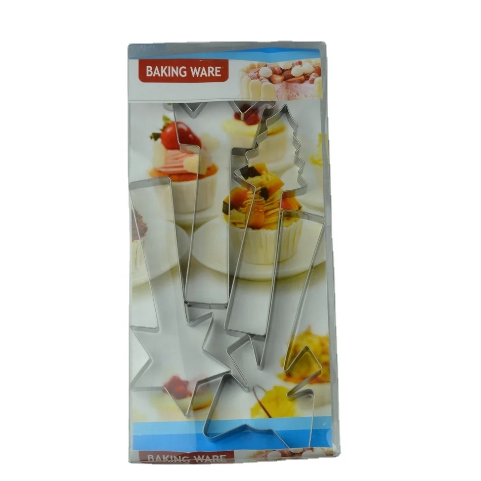 Stainless steel tree star crown shape new design 4pcs christmas long handle cookie mold cutter set