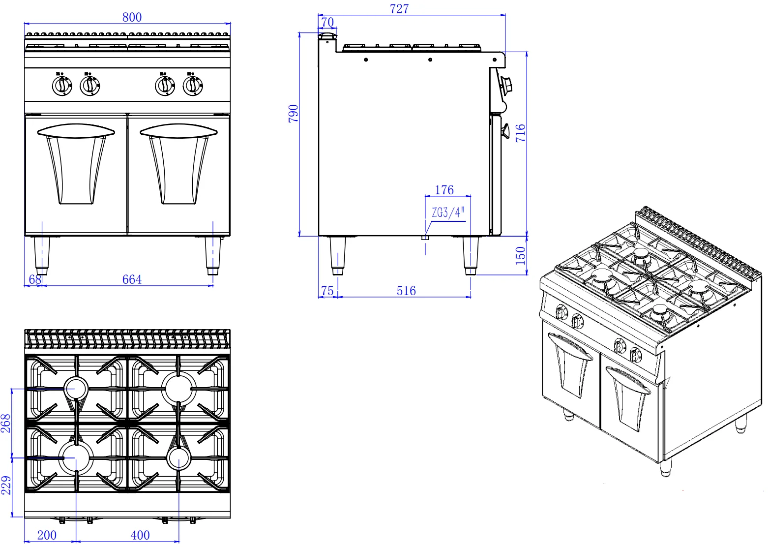 Cooking Equipment Restaurant Gas Stove Commercial Gas Range 4 Burners Gas Cooking Range