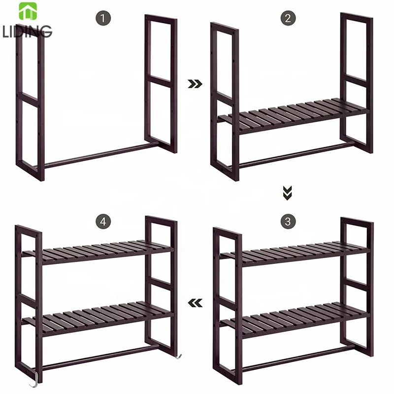 Bamboo Bathroom Shelves 3 Tier Adjustable Layer Rack Wall Mounted Utility Storage Shelf Rack with 2 Hooks