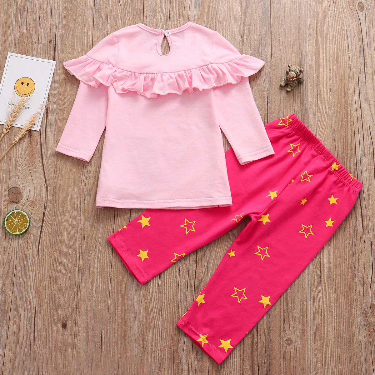 Girl Clothing Set Cute Pink Ruffle Long Sleeve Shirt +Star Rose Pink Pants 2 pcs Kid Coming Home Outfit for Christmas Season