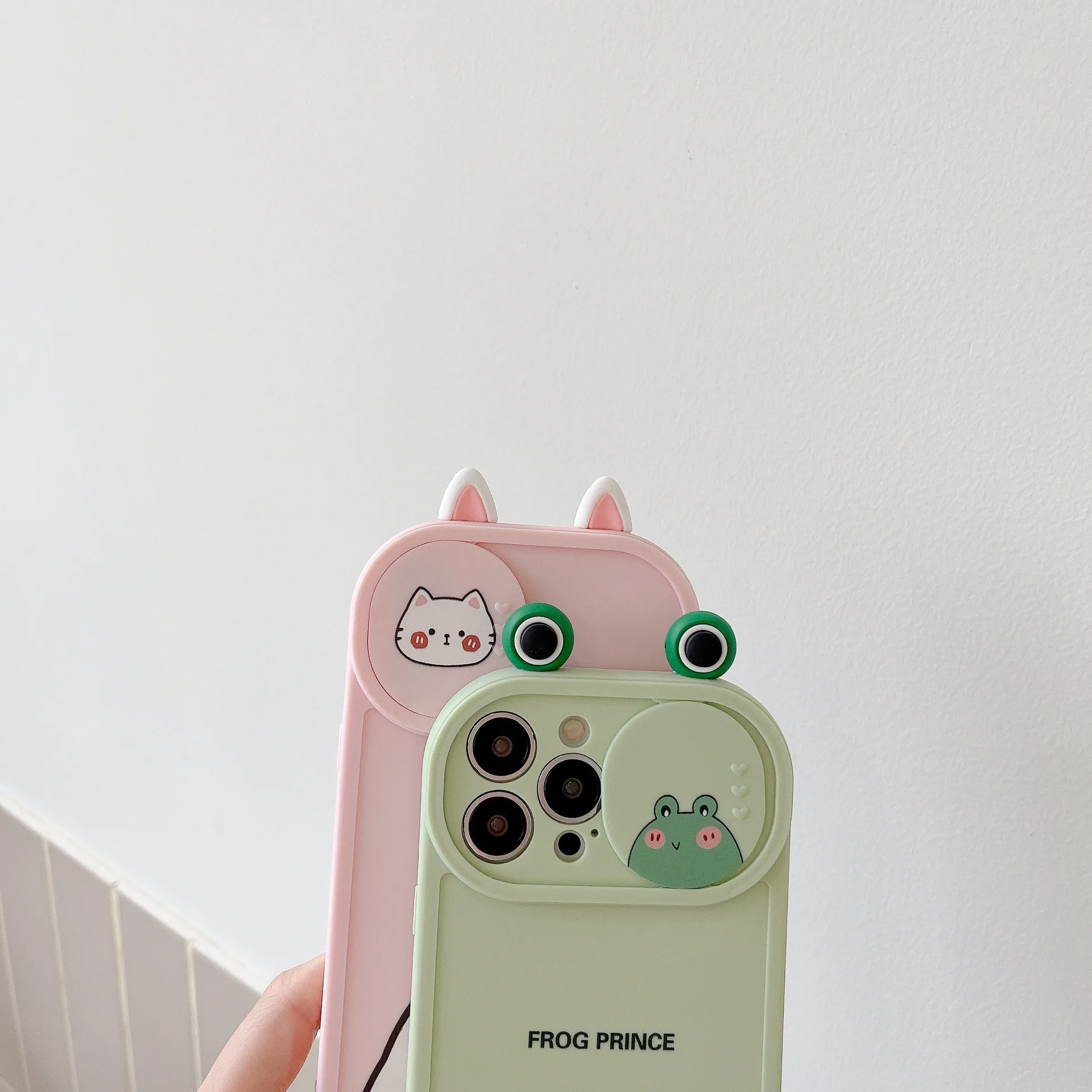 3D Cute Cartoon Bear Pink Cat Sliding Window Phone Case For iPhone 13 14 Pro Max 11 12 XR X Xs Max Camera Lens Protection Cover