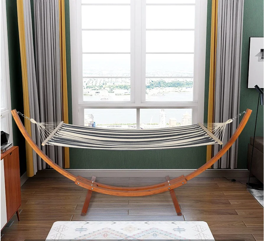 10 Ft Curved Wood Hammock with Stand Hammock Arc Stand with 2X Chains and 4X Hooks for Home Patio Garden