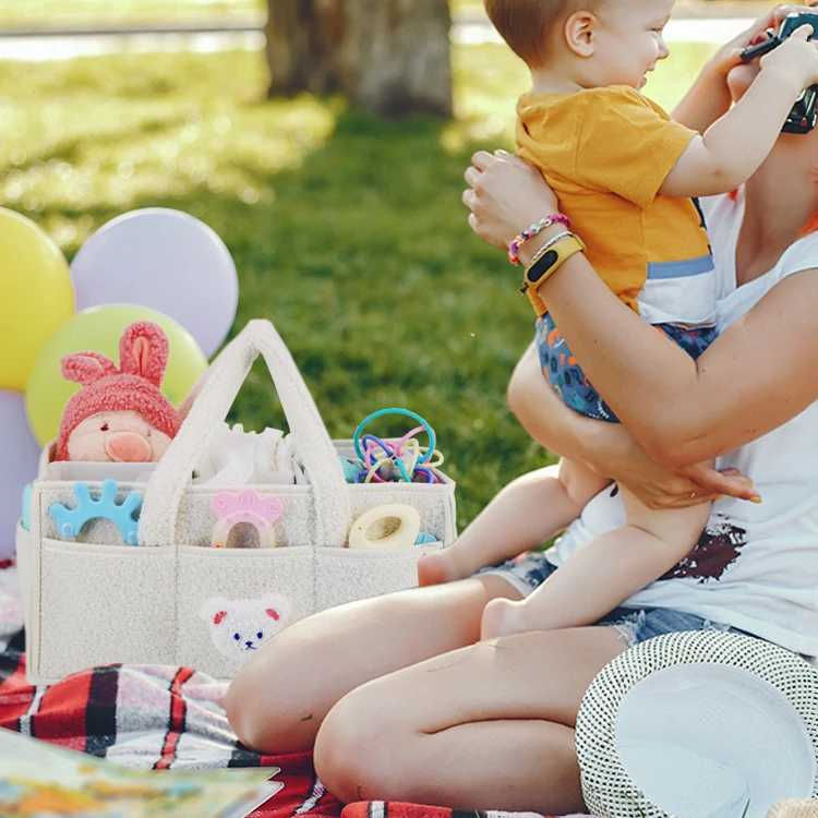 New Design Soft Portable Teddy Velvet Baby Diaper Caddy Organizer Bin Nursury Storage Basket Mommy Bag for Stroll Home Travel