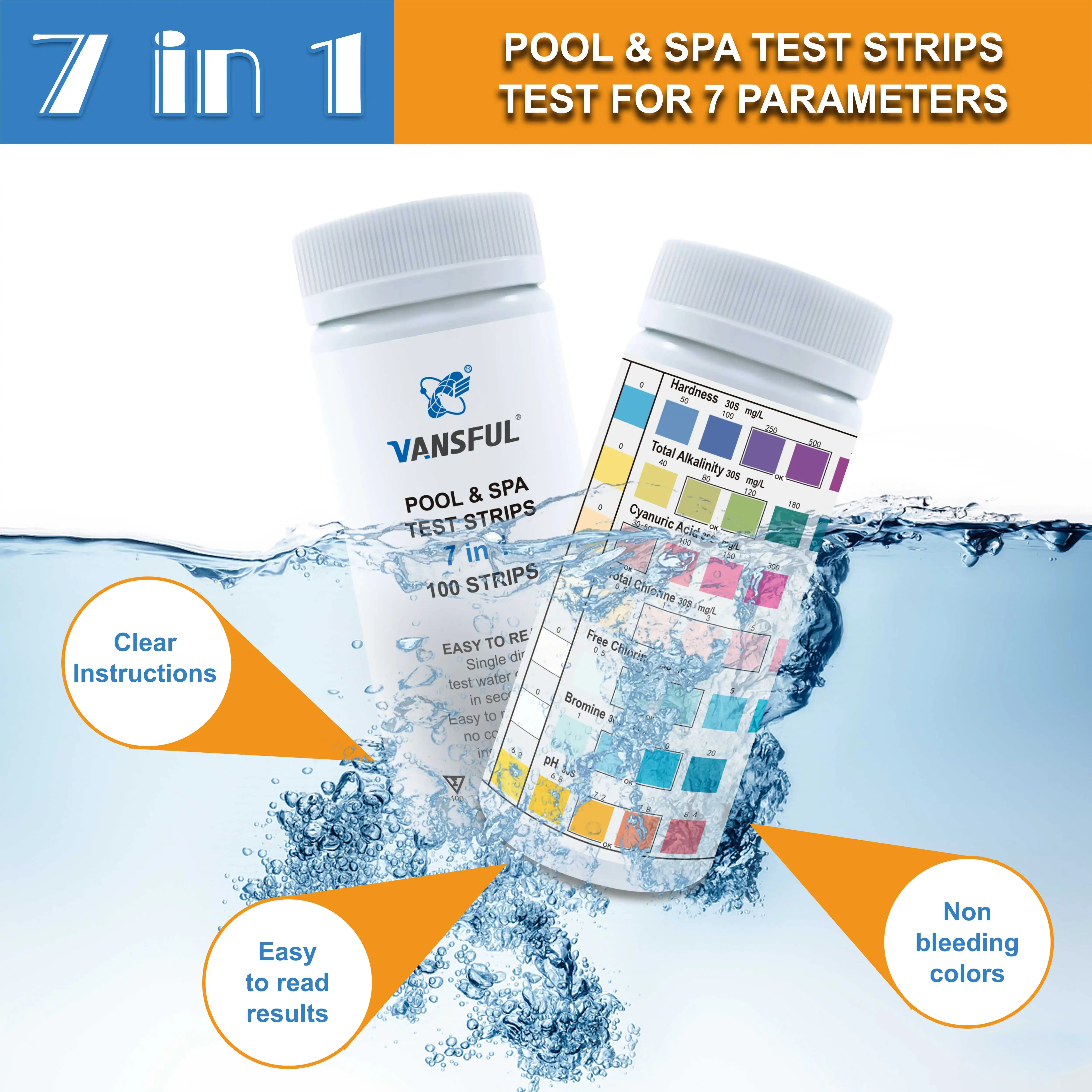 Hot Selling 7 in 1 Pool and Spa Test Strips Swimming Pool Chlorine Test Strip for Hot Tubs 100 Count