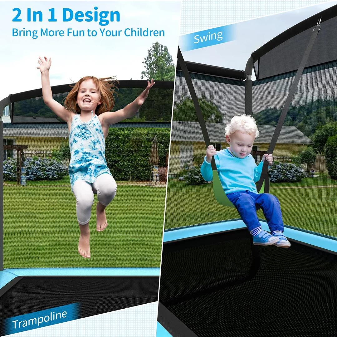 6 ft /180 cm Indoor child trampoline with swing safety fence net for Kid toddler 3-8 years old rectangular Max Load 220 pounds