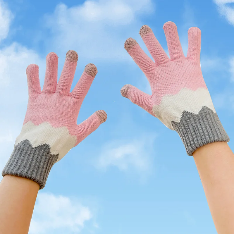 Winter men women warm adult touch screen wool acrylic knit pure color jacquard gloves for free size