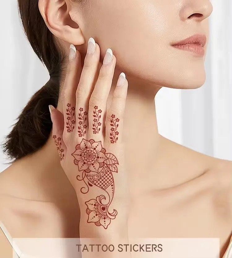 Customized Brownish Red Temporary Henna Tattoo Sticker Sexy Mandala Flower Waterproof Hand Back Tattoo Design