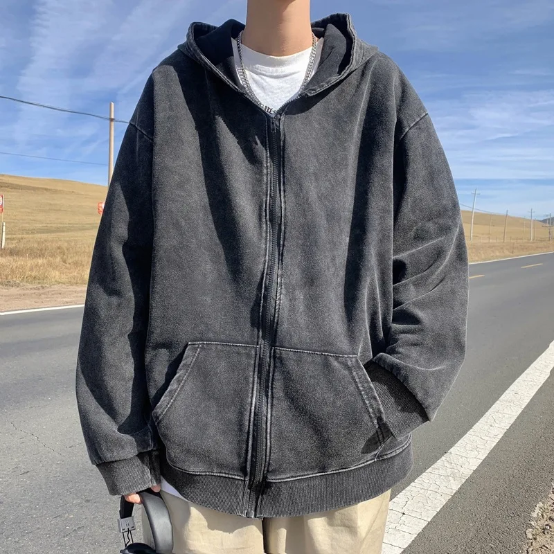 custom acid wash hoodie puff print embroidery distressed zip up hoodie sweatshirt vintage wash full-zip hoodie blank 100% cotton