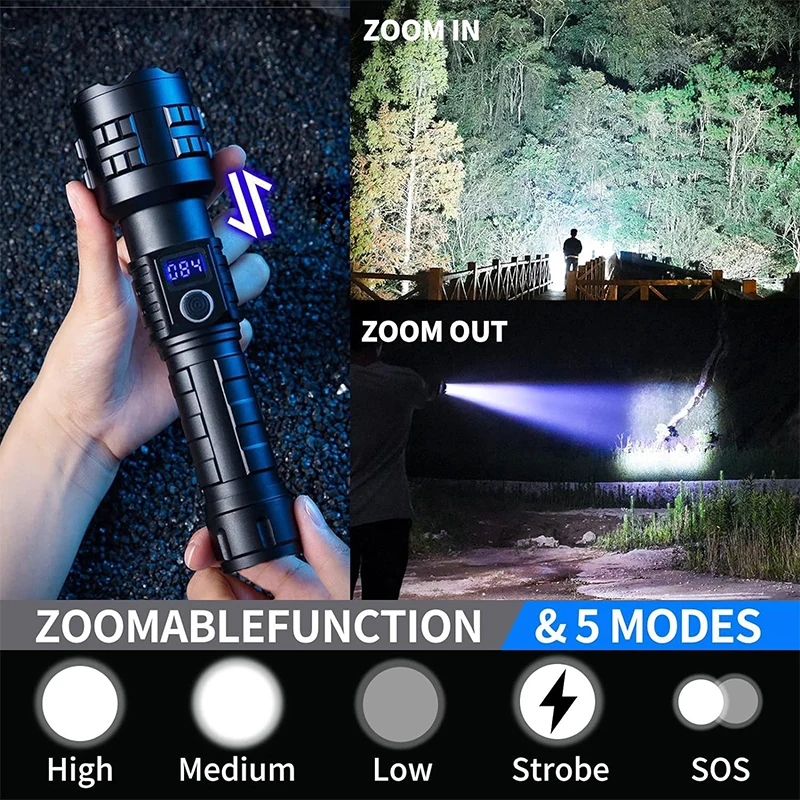 LUGER 5200mAh Powerful LED Flashlights Type-C Rechargeable LED Torch 1500M Ultra Bright Flashlight Outdoor Tactical Lantern