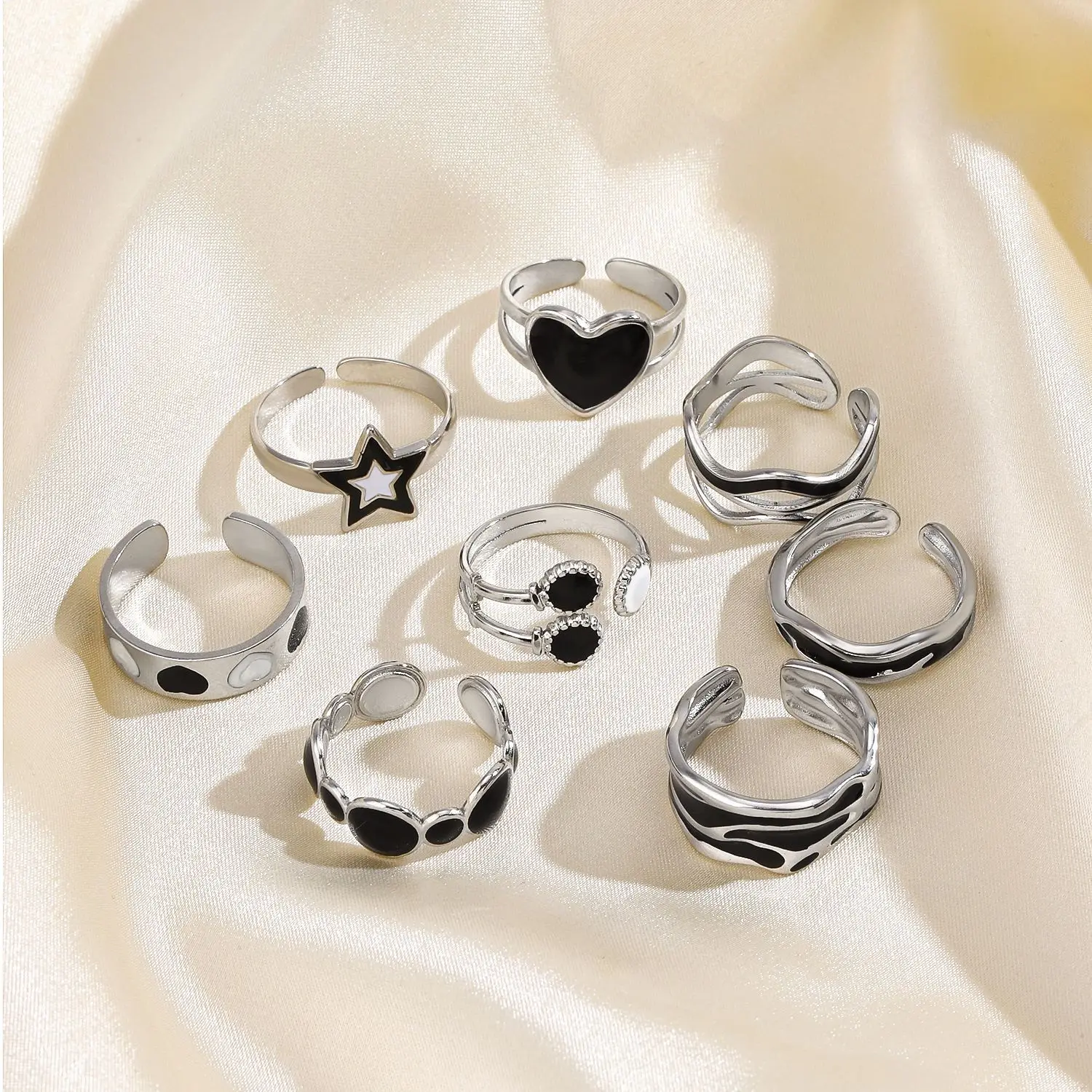 Dainty Geometric Line Adjustable Ring Drop Oil Silver Stainless Steel Double Band Statement Heart Star Enamel Ring