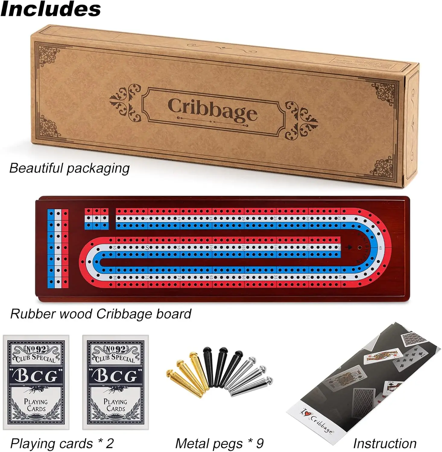 Cribbage Board Game Set with Large Storage - Solid Wood 3-Track Board, 9 Metal Pegs, 2 Decks of Cards for Game Night & Travel
