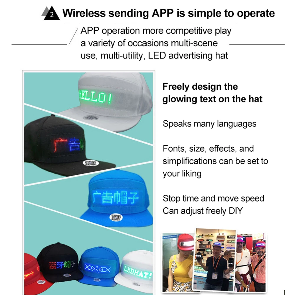 Usb Rechargeable Unisex Baseball Cap App Programmable Led Scrolling Message Display Board Hip Hop Street Advertising Hat Factory