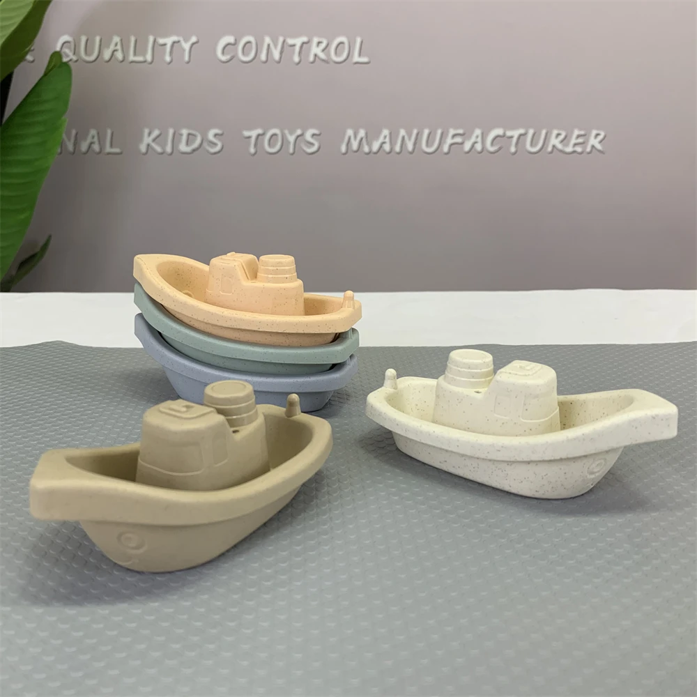 Custom Hot Selling Bathroom Cartoon Baby Stacking Ship Set 5 Piece Eco Friendly Wheat Straw Recyclable Plastic Boat Bath Toy