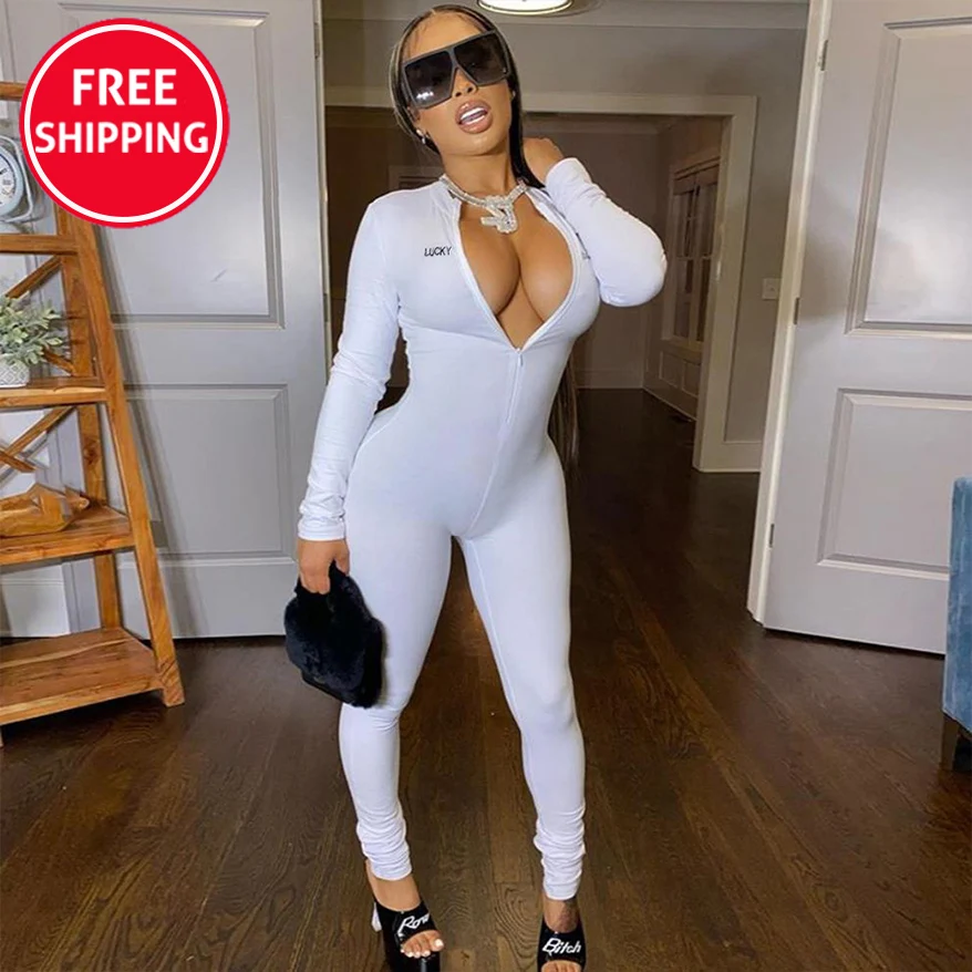 Letter Embroidery Solid women one piece jumpsuits and rompers autumn Stacked Zipper lucky label workout jumpsuit