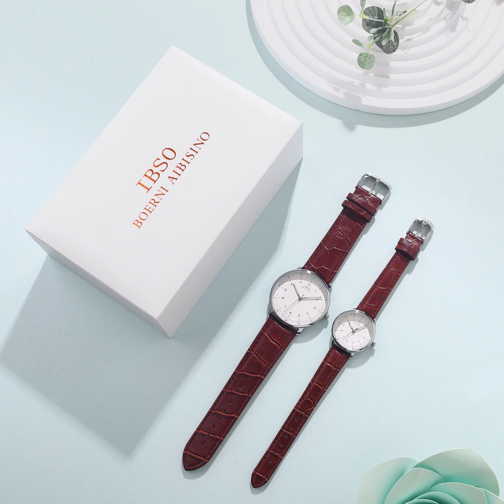 IBSO New 2022 Hot Selling Couple Watch Set Women Quartz Watches Set Gift Luminous Leather Strap Watch