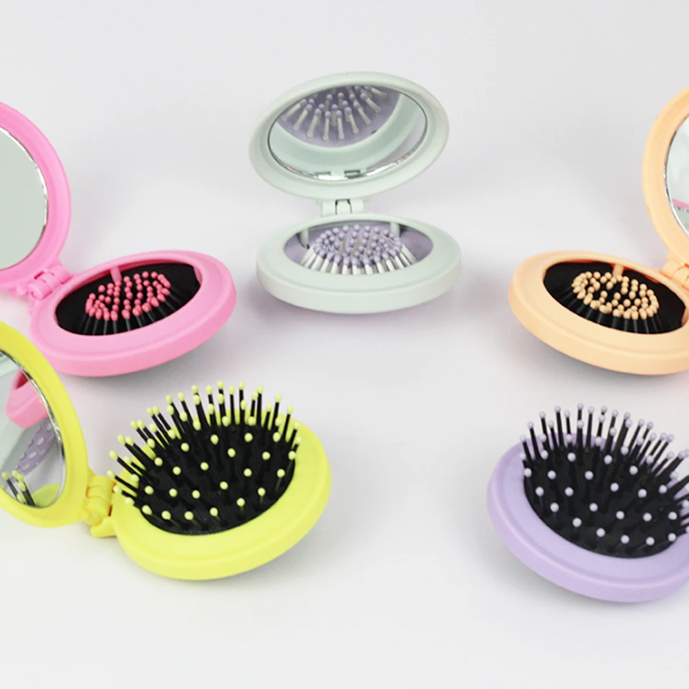 Customized Logo Portable  Pocket Small Travel Detangling Massage Airbag Hair Combs Circular Safety Mini Folding Mirror Comb