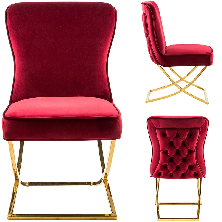 
Best Selling Modern Red Velvet Armchair Tufted Dining Chair with Stainless Steel Crossed Base 