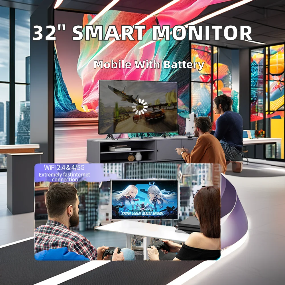 32-Inch 1080p Portable Smart TV Monitor Removable Vertical WIFI 6 Android Tablet Follow Me Feature Home Fitness Elevator Use