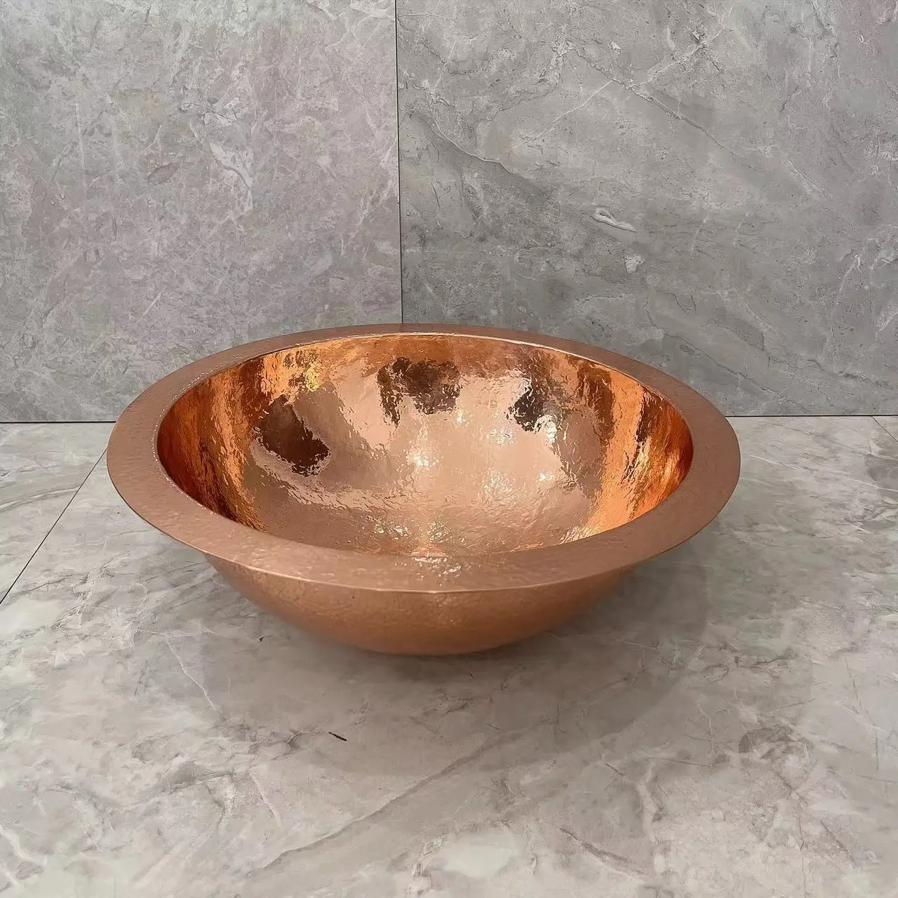 Copper hand hammered round bathroom sink, deep bronze bright face countertop vanity basin container bowl sink