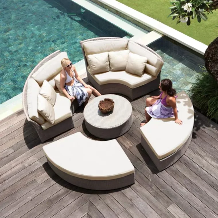 Hot Sale Rattan Sunbed Round Lounger Waterproof Beach Chair Garden Sets Furniture