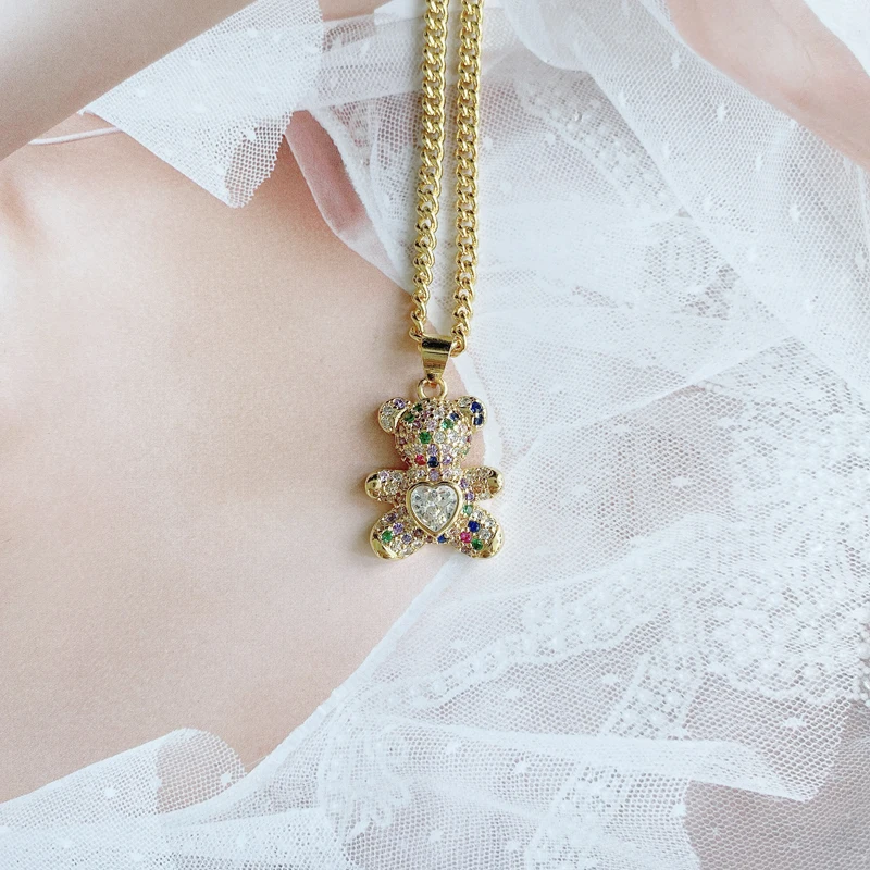 18K Gold Plated Multi Color Cubic Zircon Crystal Cute Bear Pendant Chain Animal Necklace