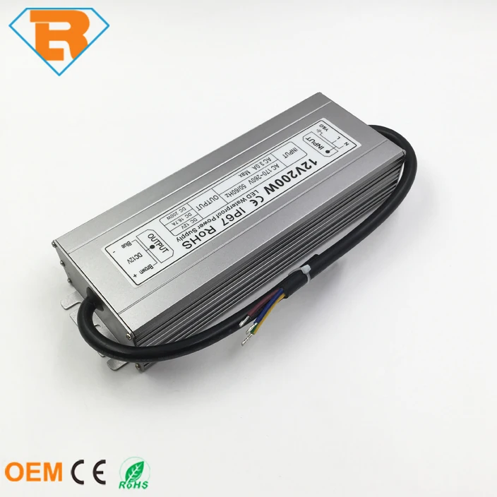 IP67 Iron Shell Waterproof LED Power Supply 200W AC170V-AC260V to DC12V DC24V for led strip led module lighting