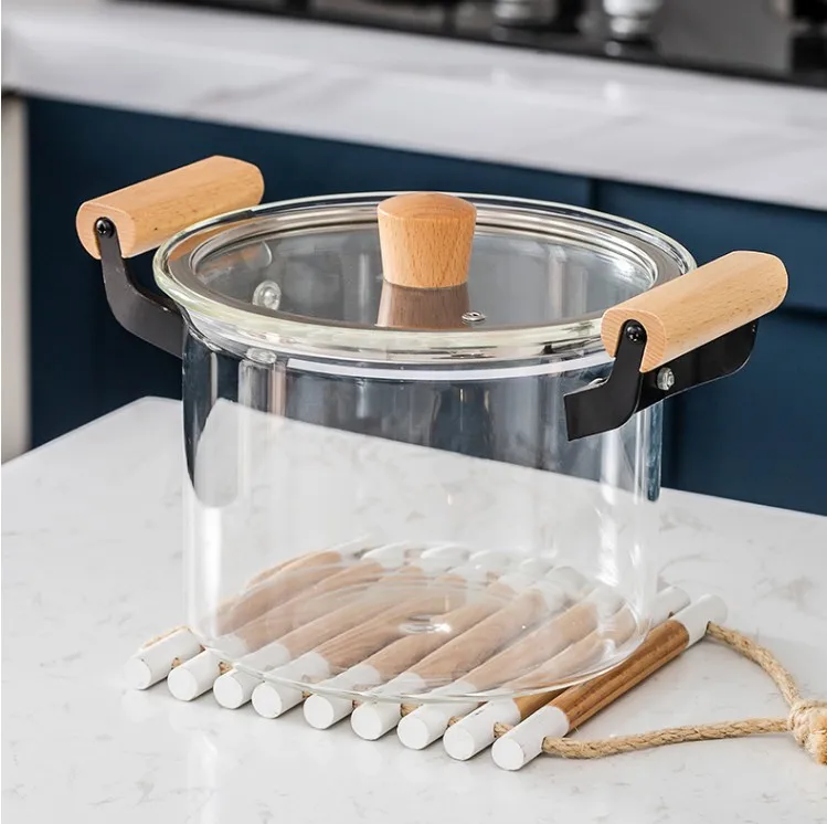 FACTORY Wholesale 5.5L/4.5L Thickening Borosilicate Glass Stovetop Cooking Pot Glass Saucepan Casserole With Wooden Handle
