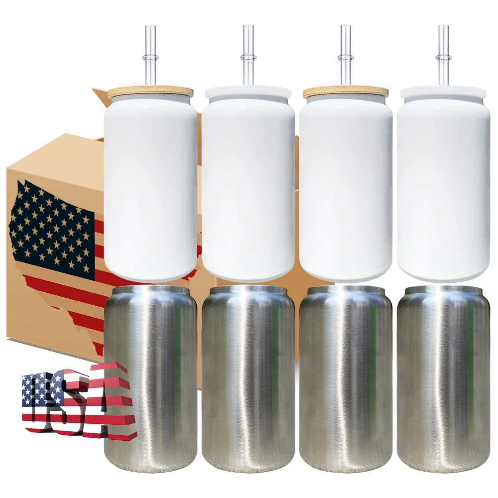 US warehouse 16oz stainless steel can tumbler white sublimation 16oz Metal Beer Can Tumbler with pp plastic lids and bamboo lids