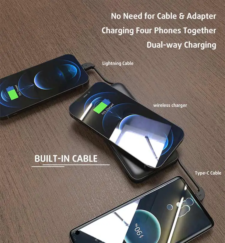 Wireless portable powerbank with lightning cable USB build in cable universal magnetic power bank for iphone 12/13