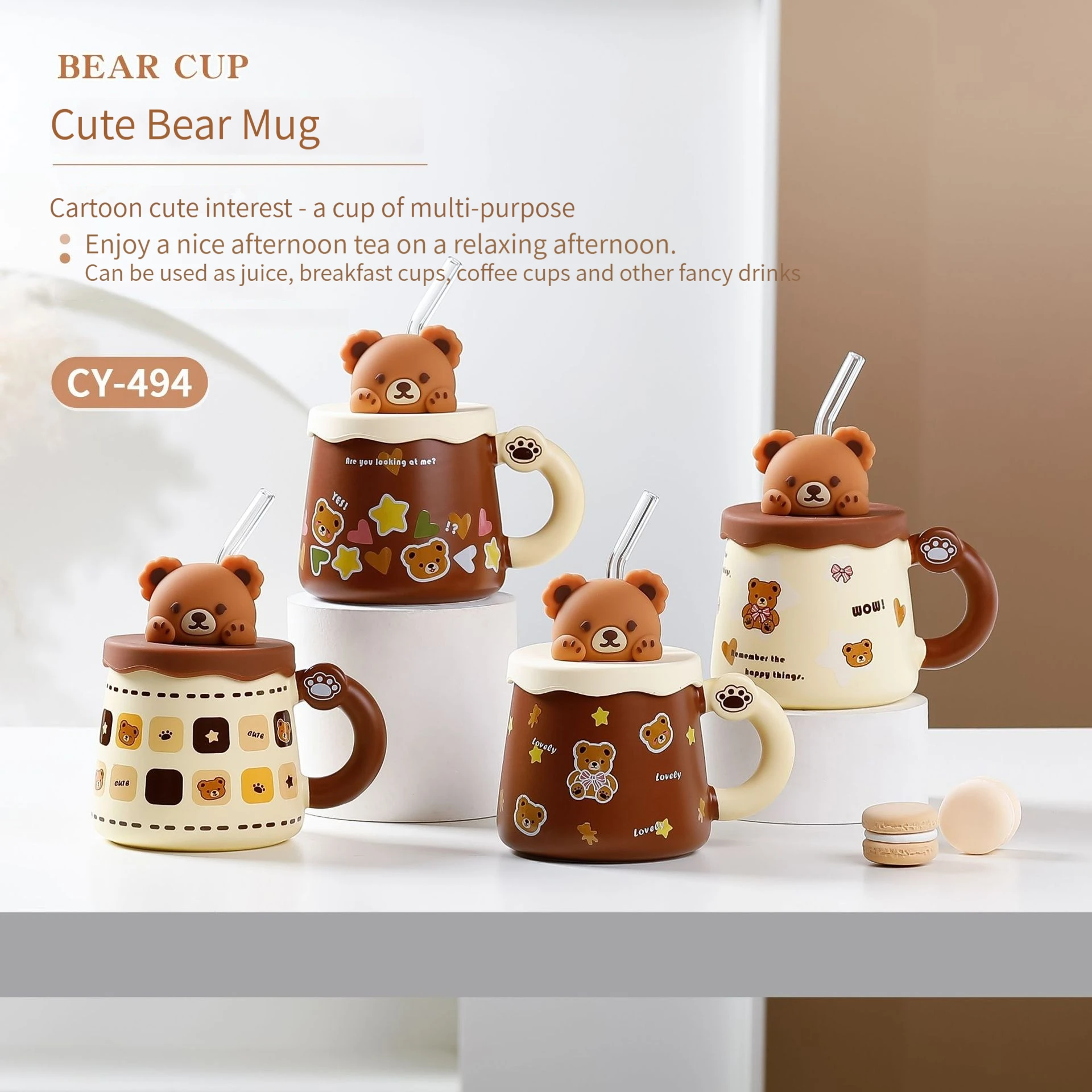 Ins Novelty Design Cartoon Milk Mug Coffee Mug Bear Design Cup Ceramic Cute with 3D Bear Lid Mugs Party Black and White