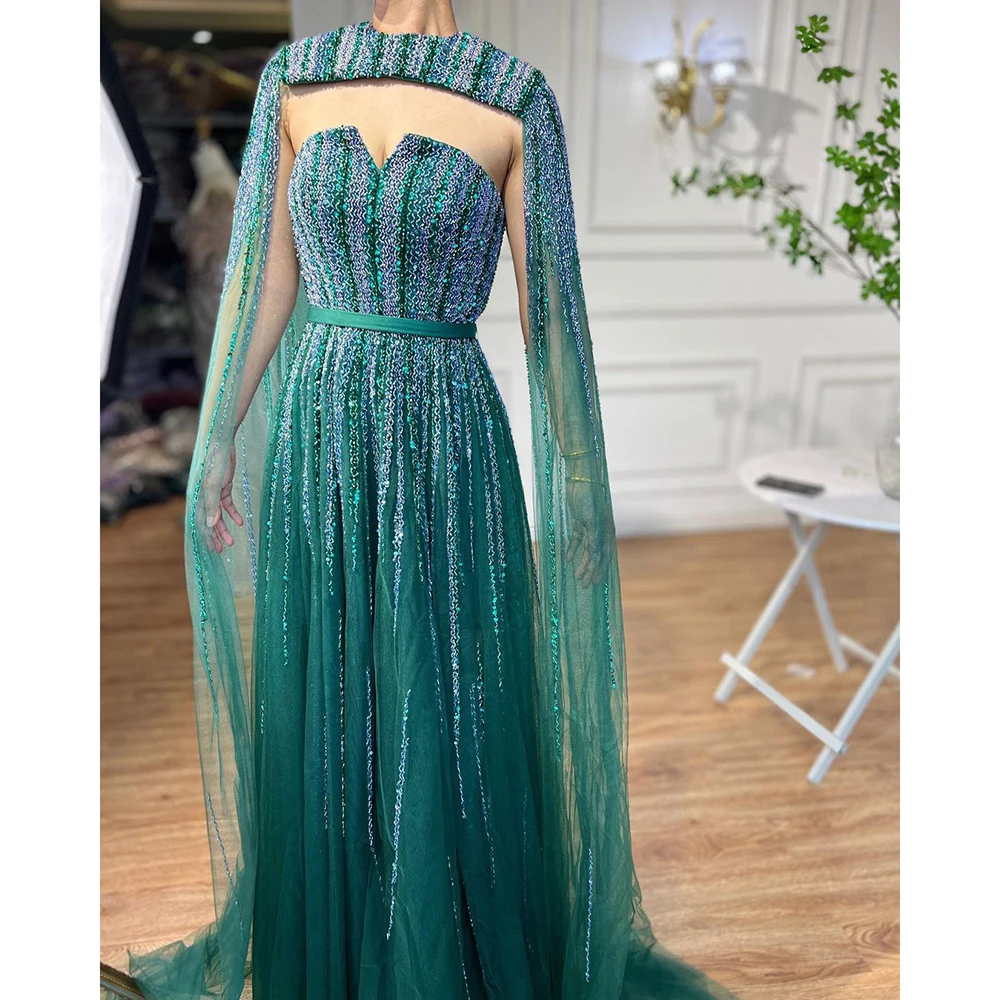 Green Cape Sleeves A Line Beaded Full-length Evening Dresses Serene Hill LA71912 Long 2023 Party Gowns For Woman Wedding