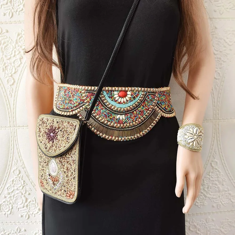Bohemian Belts for Women Wide Stretch Elastic Waist Belt Body Chain Handmade Beaded Flower Adjustable Belt for Women