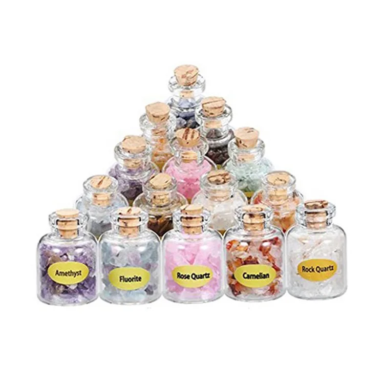 ML 9 Pcs Mini Stone Bottles Chip Crystal Quartz Healing Tumbled Gem Wishing Bottles Reiki Wicca Stones Set for Home Decoration