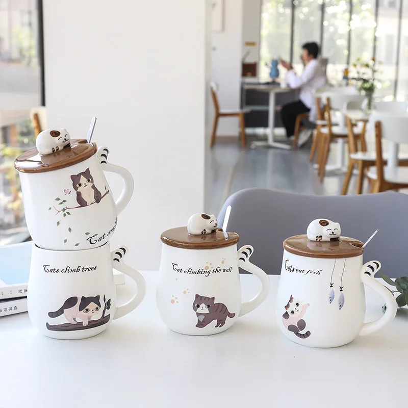 Cute Cartoon Cat Porcelain Lid Coffee Ceramic Mug