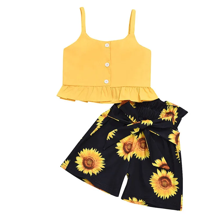 Модные летние наряды для маленьких девочек, комплект из двух предметов с принтом подсолнуха, эксклюзивные комплекты детской одежды для девочек