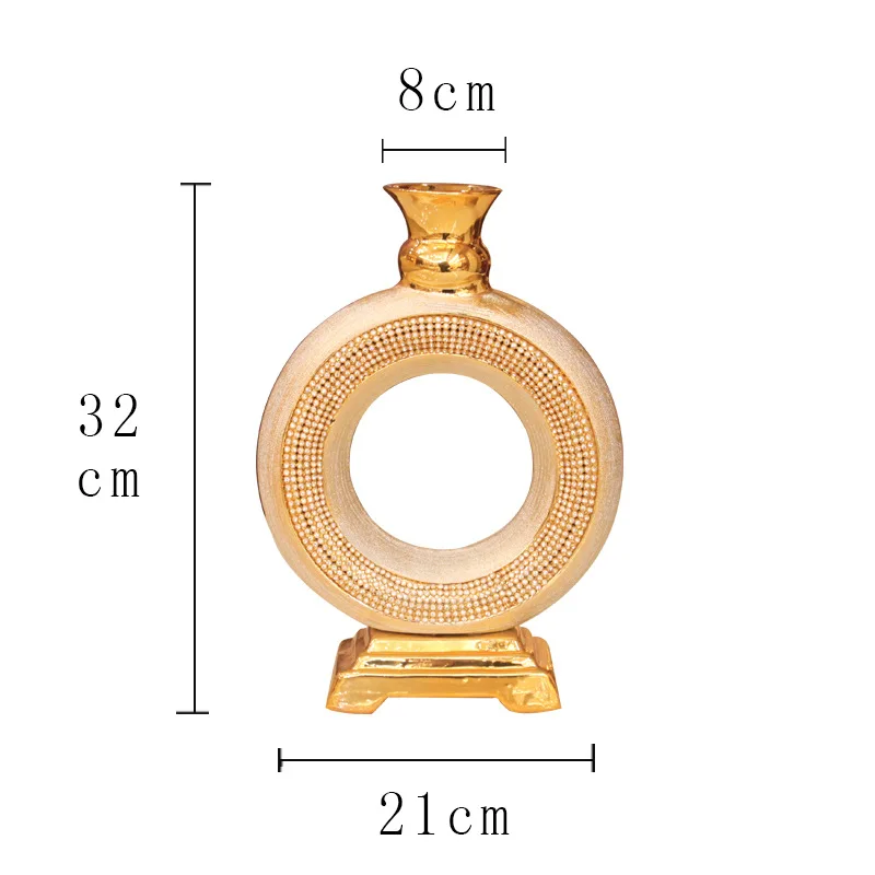 luxury bling diamond rim ceramic vases with gold pedestal black donut shape porcelain flower vase for hotel wedding KTV decor