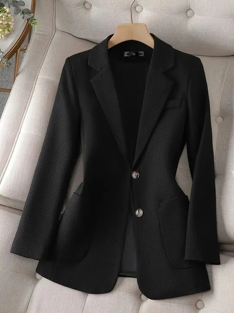 Elegant Notched Neck Tunic Blazer Classic Lapel Solid Button Front Long Sleeve Office Work Essential Professional Clothing