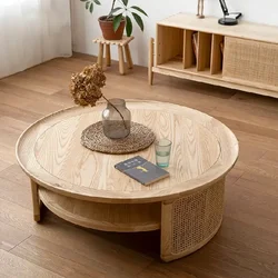 Newest Design Japanese Living Room Round Coffee Table With Storage Solid Wood Frame Rattan Tea Table