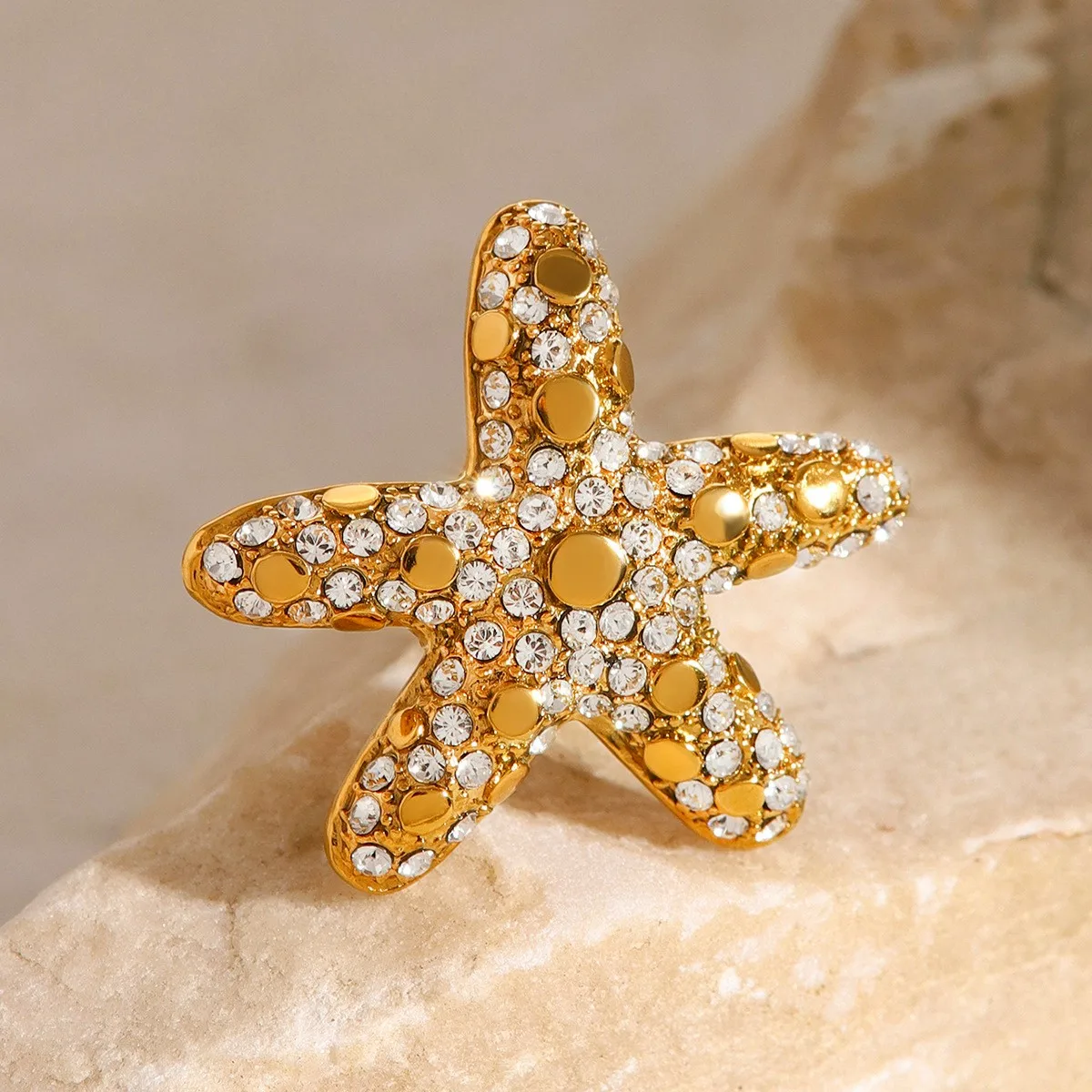 New Ocean Series Starfish Stainless Steel Ring Geometric Zircon 18k Pvd Coated Waterproof Non-fading Fashion Jewelry Ring