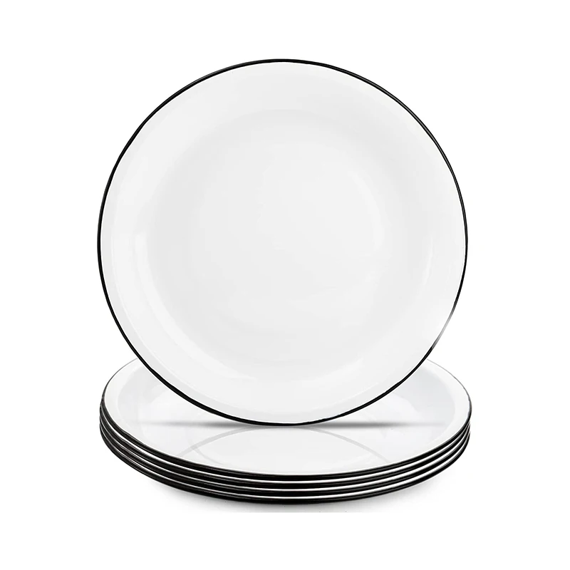 Wholesale Vintage Cast Iron Enamel Dish Solid White Enamel Dinner Plate Dish With Black/Blue/Red Rim