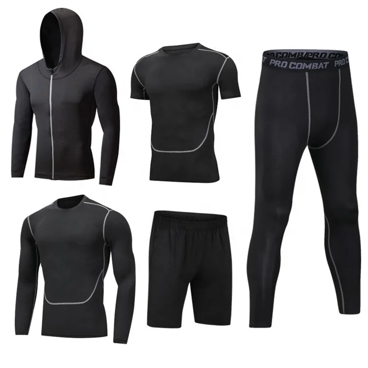 
Wholesale Men Sportswear Quick Dry Compression Wear Suits Adults Polyester Spandex 5 Pieces Gym Fitness Sets 