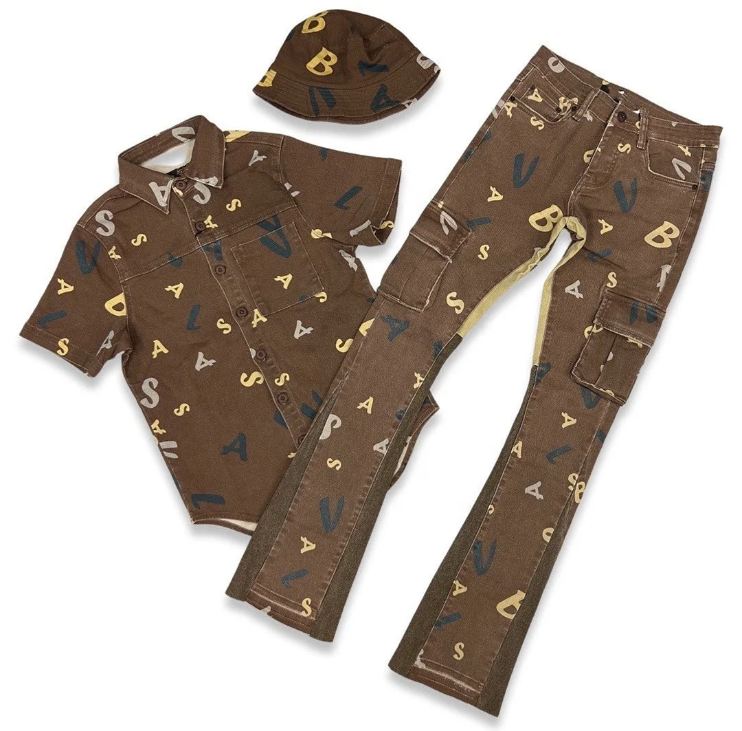KY Streetwear All over Print Summer Tactical Shirts for Men Short Sleeve Tactical Shirt and Flare Trousers With Buckle Hat