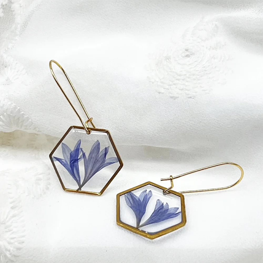Geometric Handmade Resin Jewelry Blue Real Corn flower Gold Hexagon Hoop Earrings Unique Birthday Gift